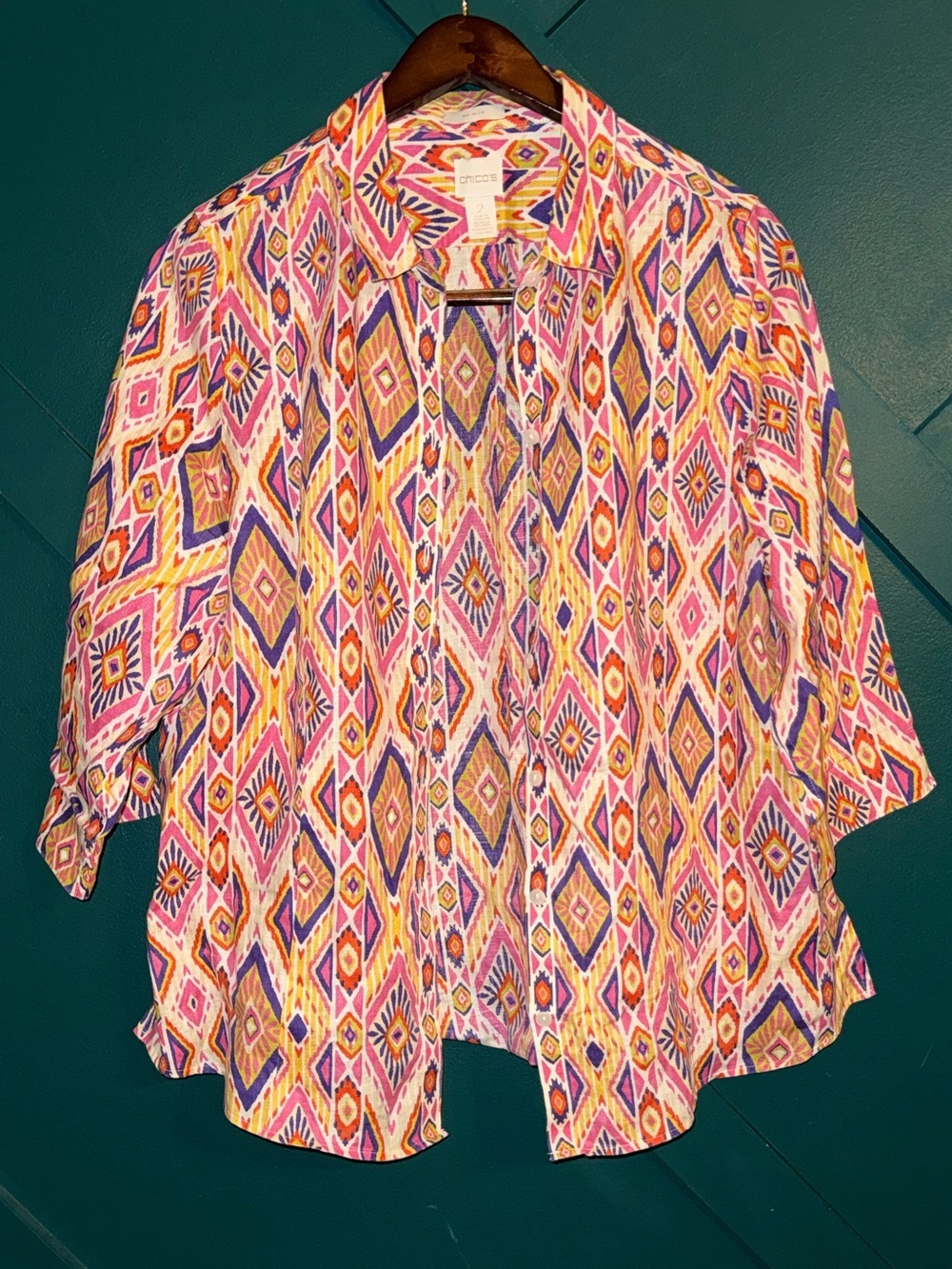 Chico's Multi-Color Geometric Open-Front Tunic - Pink, Yellow, Blue No Iron